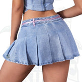 Women’s Casual Light Wash Denim Mini Skirt with Pleated Design & Ribbon Detail